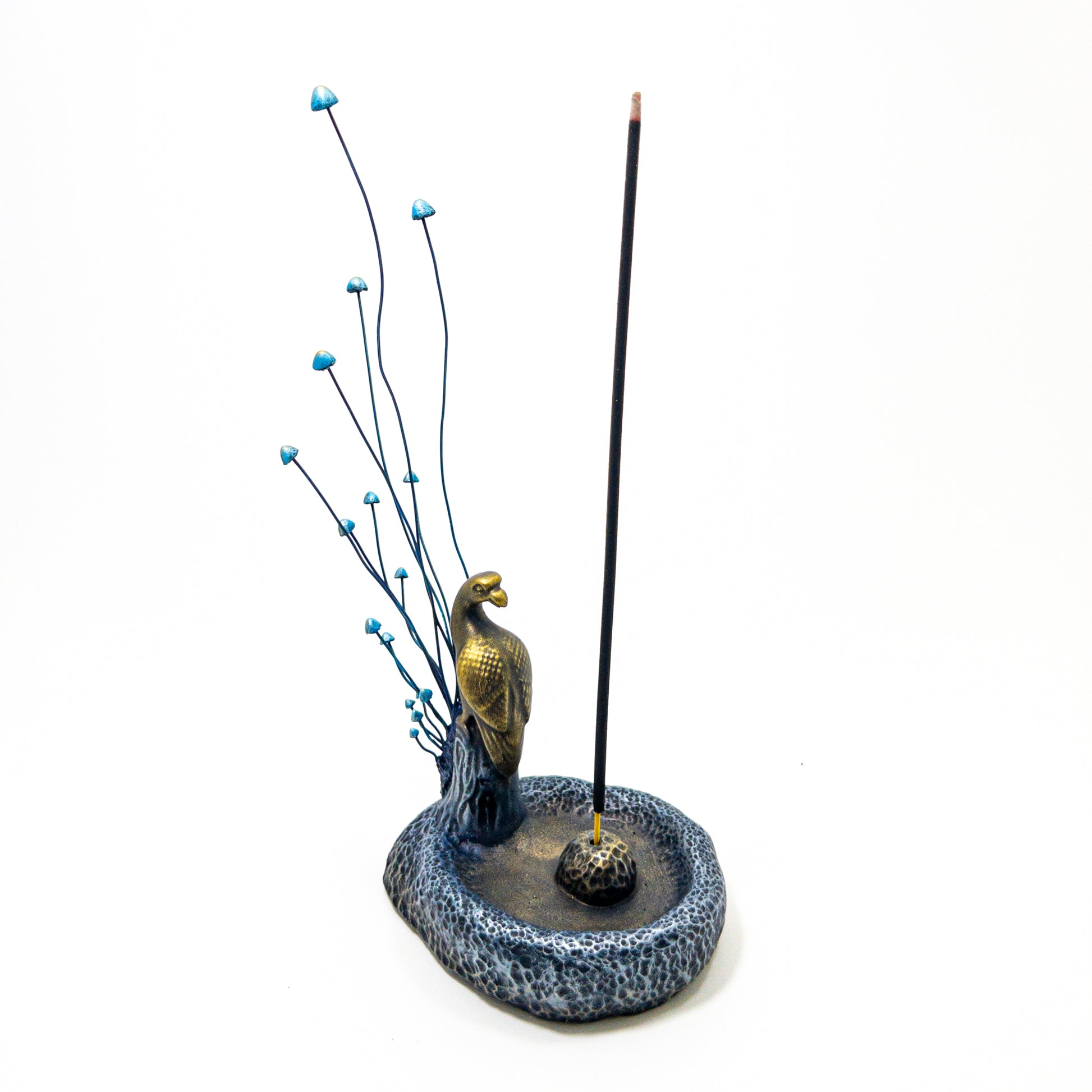 Hand-sculpted incense burner with teal mushroom cluster and incense socket.