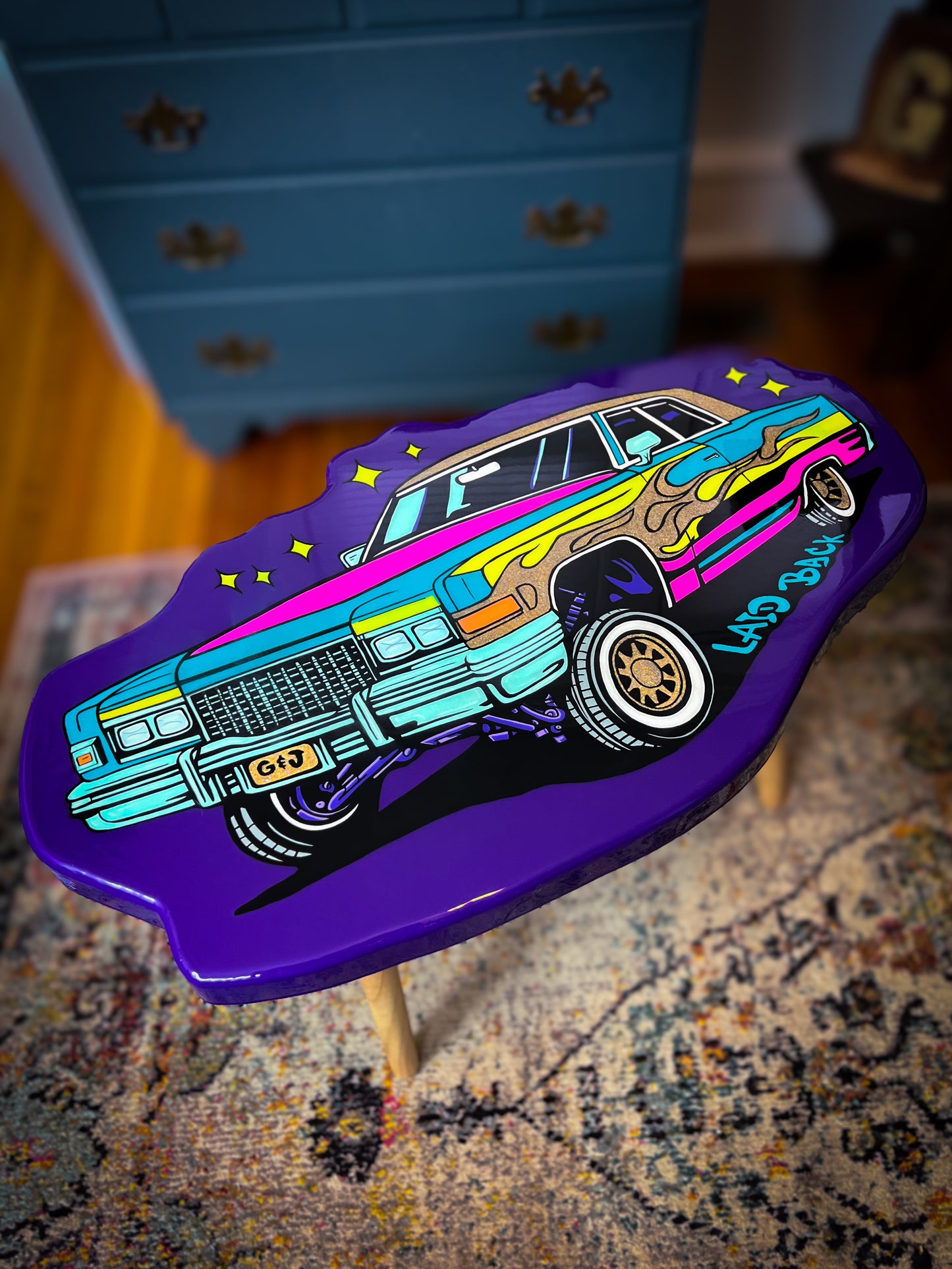 “Laid Back” 90’s Lowrider Table / Wall Art – Hand-Painted Functional Art